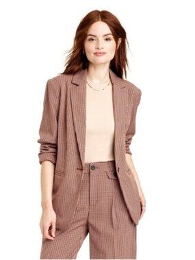 Women's Oversized Fall Blazer - A New Day Brown Plaid